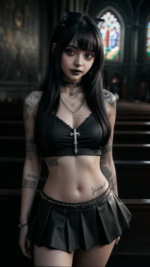 beautiful, Goth, girl, 18 years old, big breasts, (skinny), (gothic sexy outfit, top, microskirt, very high boots, jewelry, chains and crosses), (((lifting skirt)), (no panties), (pussy, smooth pussy), (black makeup, black lipstick)), evil smile, long straight hair, (crowded church background), mgoth, ((womb, tattoo, womb tattoo)), ultra realistic, best quality, vibrant colors, sidelight, depth of field, bokeh, hdr, photo realistic, masterpiece, high quality, 50mm lens, dramatic lighting, dark background, clear shadows, dslr, soft lighting, Nikon D850, dynamic pose, seductive pose, suggestive pose, MFBP1, <lora:ModernGoth_Beta3:.375>, <lora:epiCRealismHelper:.75>, <lora:more_details:.5>, <lora:skin_slider_v10:.5>, <lora:eye_size_slider_v1:3>, <lora:FDMakeUp:.125>, <lora:Gothpunkgirl-000009:.5>, <lora:model_full_body_v1:.25>