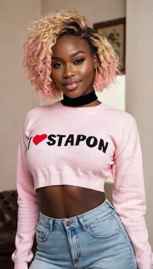 full portrait of african ebon woman, ((20 years old)), cheeky smile, ((high detailed black ebon skin)), high quality, detailed ebon skin texture, (highly detailed blonde hair), ((skinny body)), ((slim body)), (realistic), soft focus, insanely detailed, highest quality, ((cropped sweater with the words " I ❤️ STRAPON " in pink writing on front)), midriff, (wide hips), choker on neck, hairy pussy, messy shaggy Bob haircut, large breasts, (underboob:1.3), Nigerian woman, dyed hair