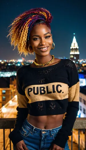 The AI generated a high-quality, detailed picture of an African ebon woman with the words "PUBLIC SLUT" in golden writing on her front. The picture should be highly detailed and realistic, with high quality textures and shaggy hair