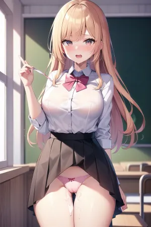 Die AI generierte ein hochauflösendes Bild eines jungen erwachsenen Mädchens mit mehrfarbigen Haaren, goldenen und rosafarbenen Haaren, niedlichen hohen Beinen, niedlichen hohen Brüsten und unbedrucktem Hemd. Das Bild war 32K in Qualität