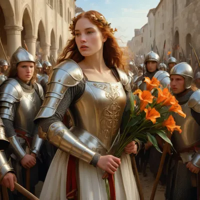 La cameriera di Orléans, una ragazza fragile con capelli corti e una bandiera bianca in mano, porta i suoi soldati in battaglia. Stanno combattendo per il loro paese e la loro libertà. L'immagine dei gigli sulla bandiera simboleggia purezza