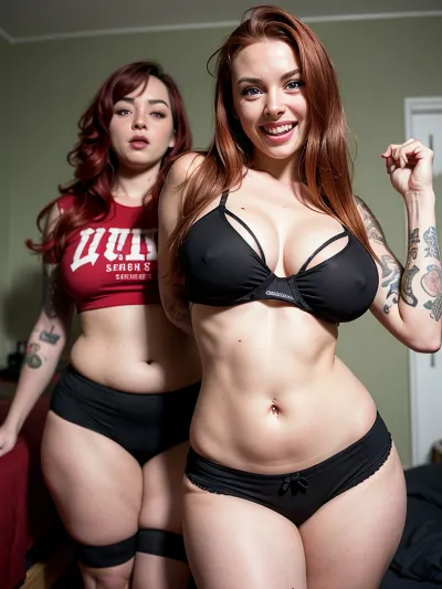 2人の女性、ホビーの顔と、完璧な歯で他の女性は、彼らの寝室に服を着ていました。 ぽってりとした女性は、彼女の腕に入れ墨があり、薄いパンクの少女が持っていた間に、彼女の顔に幸せな興奮の表情を持っていた