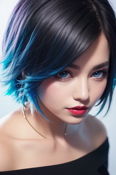 beautiful woman, black outfit, off-shoulder, jewelry, close-up, messy blue hair, fashion makeup, glitter lips, glowing blue eyes, best quality, ultra high res, blurry background, (photorealistic:1.3)