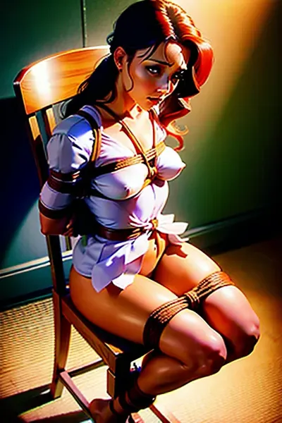 一个女人裸体被绑在椅子上,她的脚踝用绳子绑在一起. 她身着全身西装,遮住头部,露出乳房. 她的脸被一个面具覆盖 被制作成像角色