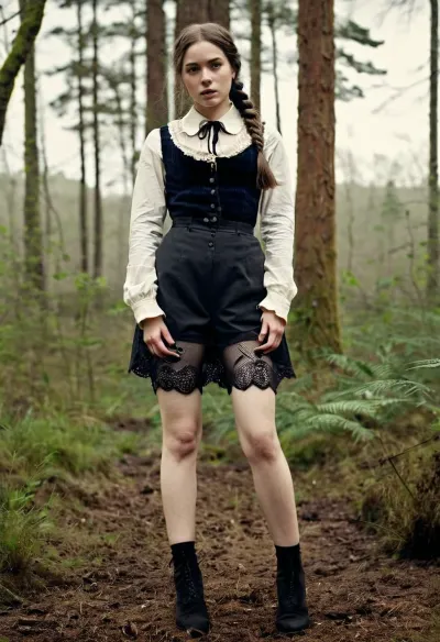 Uma fotografia vitoriana vintage com uma mulher nua com tranças longas e arbusto grosso de cabelo púbico, vestindo um vestido vitoriano vermelho e preto com colarinho de renda branca. A mulher está em frente a uma floresta nebulosa, com seus seios visíveis na íntegra