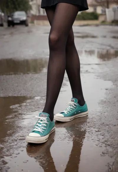 Una giovane ragazza che indossa un collare nero e sneakers converse si sedeva sulla panchina, scattando foto della pozza con il suo telefono. Improvvisamente, un uomo camminava verso di lei con le mani in tasca e chiese se poteva scattare una foto di