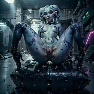 AI tarafından üretilen porno hikayesinde, parlak mavi makyaj ve büyük bir gülümseme kendini 8k görüntüsü önünde duruyor. Saçları siyah ve gözleri parlak mavidir. Orta göğüsleri var, çıplak, ve