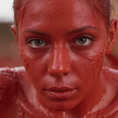 Der gesamte Körper ist in roter Farbe bedeckt, als hätte jemand es auf ihnen verschüttet