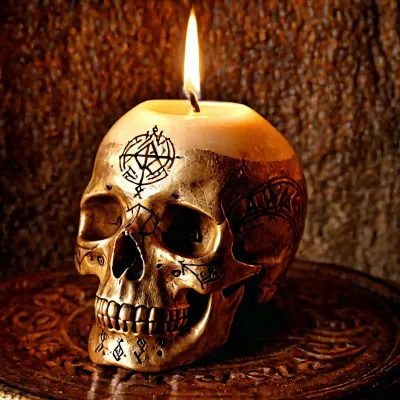 Der Schädel war uralt, mit Nordic Runes eingraviert. Eine Kerze auf dem Schädel verbrannt, einen warmen Glanz über den Raum werfen. Das Wachs hatte auf den Boden geschmolzen und getropft, wodurch eine kleine Pfütze entsteht, die
