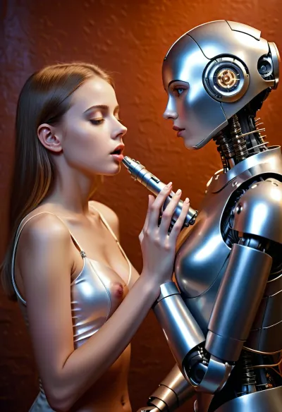 Young Girl getting orgasm, little robot girl inserting the metall penis, robot girl with cum on Face, cum on her eyes, both robots satisfy each other
