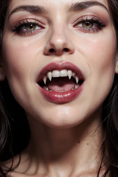 吸血鬼の少女は完璧な目を持っていたが、彼女の牙は少しあまりにもシャープだった。 彼女の曲線を完全に抱えている血のドレスを着ていました。 唇は赤色に塗られ、彼女はちょうど彼女から目覚めるように見えるメッシー髪を持っていた