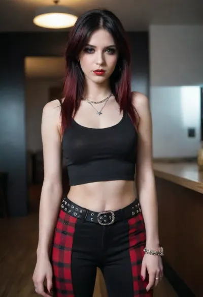 Il pezzo di arte fotorealistica anni '90 è dotato di una donna con capelli lunghi, trucco allettante, e un completo di pantaloni svasati scacchiera. Ha una telecamera di illuminazione professionale in mano indossando pantaloni a campana larga vita bassa e midrif