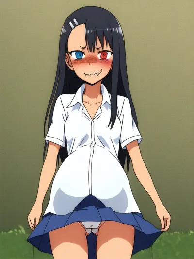1girl, solo, pussy focus, (((pregnant, upskirt, visible belly, small hips, heterochromia, deep neckline, animal tooth))), (embarrassed:1.4), medium breast, masterpiece, professional artwork, famous artwork, perfect face, perfect eyes, nagatoro hayase, hair ornament, hairclip, dark skin, black hair, school uniform, cowboy shot, beautiful face, evil smile, evil eyes, ((slender female body)), background countryside, skirt, <lora:Nagatoro_V3-000009:.9>