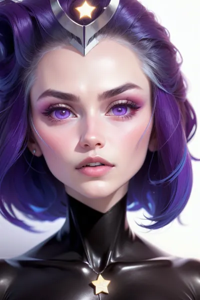 슈퍼 모델은 어두운 보라색 피부 착색 라텍스로 만든 바디 수트를 착용, 큰 보라색 별과 gradient 효과. 그녀의 nipples was pierced 와 거대한 areolae, 과 그녀의 nipple Piercings was connected together 에