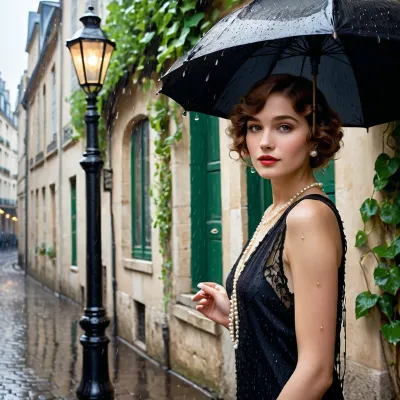 Ein faszinierender Moment aus dem Herzen der 1920er Jahre Paris, wo eine einsame Frau elegant in der weichen Umarmung eines regnerischen Abends gefangen gehalten wird. Sie steht unter dem Glühen einer Straßenlampe, ihre Porzellanhaut einen starken Kontrast zu