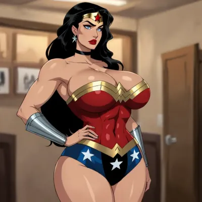 1 woman, solo, anime character, anime girl, milf, curvy, voluptuous, busty, big boobs, giant breasts, massive breasts, huge breasts, saggy breasts, long black hair, full front view, serious, earrings, lipstick, red lips, blue eyes, choker, mature female, enormous boobs, Wonder Woman, wonderjlu, long, hair, black, star, (symbol), <lora:wonderjlu-10 weight 08 07 recomended:.5>