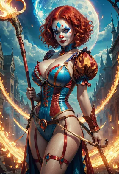 Bir futuristic dünyasında, AI ve sihirli bir koexist nerede, GiganticBreatsXL adındaki kırmızı saçlarla bir kadın palyaço yaşadı. Ateş sihirli güçleri üretebilecek uzun bir scythe ile donatılmıştı. Onun kıyafeti, olmak için tasarlandı