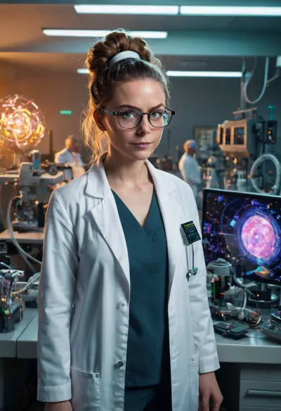 여성 과학자 자신감은 디지털 그림의 앞에 서, 그녀의 대형 안경은 우주 장면을 반영