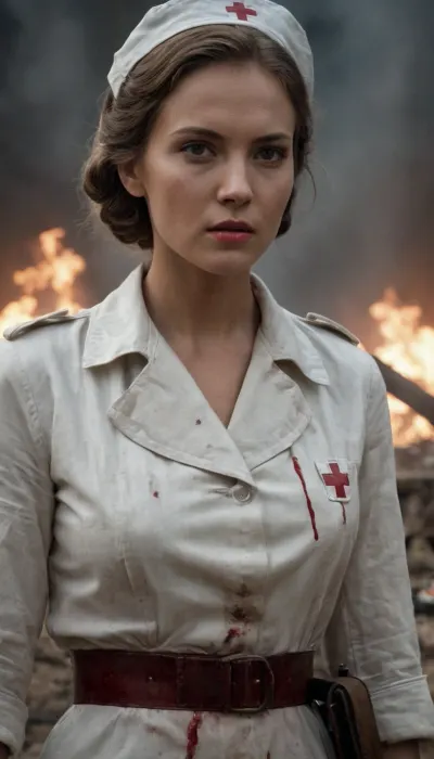 袖の白いアンダーシャツとアームバンドの看護師は、彼女の血症で、WW2トレンチで傷ついた兵士に傾向があります。 夫と息子の彼女の写真を撮って、両方のアクションで殺された