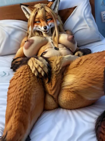 長い流れのブロンドのパブの毛と濃い背景の正面に立っているブッシーテールを備えた素晴らしいフォックスは、鋭い青い目を持っており、毛皮で覆われている複数のbreastsの前で立っています。 彼女のニプルは立っていると彼女の