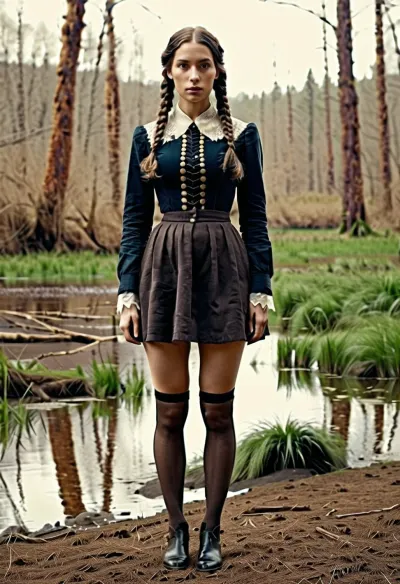 Ein klassisches viktorianisches Foto mit einer jungen amerikanischen Frau, die in einem dicken Waldschwamm mit ihrem Rücken zur Kamera steht. Das Foto wurde mit KI-Technologie erzeugt, aber es scheint eine authentische viktorianische Fotografie im 19. Jahrhundert aufgenommen zu sein