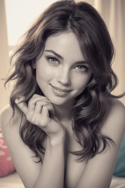 (highly detailed:1.4), (24-year-old beautiful young woman:1.5), (bashful and slightly shy:1.5), (mischievously sensual expression:1.5), (long wavy brunette hair:1.4), (blue eyes:1.4), (cute face:1.4), (soft and glowing skin:1.4), (intimate and engaging pose:1.5), (colorful and playful bedroom setting:1.5), (vivid colors and patterns:1.5), (playful decor elements:1.4), (soft ambient lighting with pops of color:1.4), (subtle and muted accents:1.3), (soft focus:1.4), (captured with a Canon EOS R5:1.5), (50mm f/1.8 lens:1.5), (slightly increased contrast:1.4), 