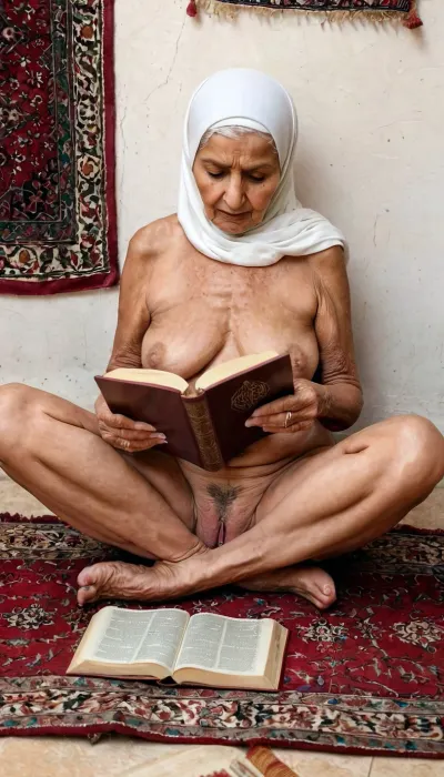 extremly wrinkled granny, 98 year old granny, Muslim, hijab transparent, nude, pissing, reading quran, Mosque, naked, wrinkly skin, Nude, showing hairy pussy, wrinkly body, saggy tits, sloppy belly, touching pussy, shows tits, hairy pussy, Arabic text Arabic carpet, spreading legs, mosque, mekka, shows pussy and breasts, Arabic text writings on the wall, very hairy pussy, porn magazine on the floor
