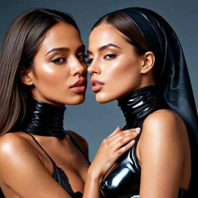 Dos mujeres jóvenes vestidas con secuelas de látex negras se besan apasionadamente unos a otros con intensa pasión y amor, capturadas por fondos de pantalla de 8k detrás de ellas