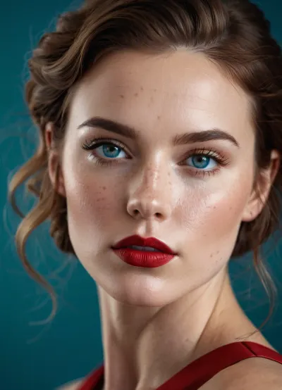 AI tarafından üretilen hala kırmızı ruj ve mavi bir göz gölgesi olan bir kadının imajı, mükemmel bir stil, detaylı deri dokusu ve yüksek çözünürlükte maksimum bütçe ve sinema filmi tahıl ile yüksek çözünürlükte kısa saç çekimleri keskin çizgiler ve dokular ile son derece ayrıntılı