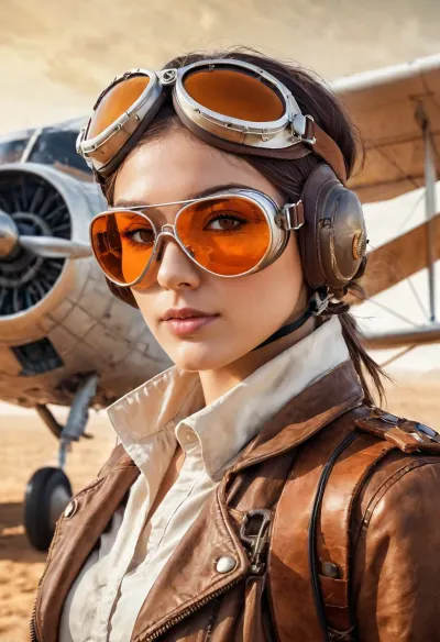 A menina na foto está usando uma roupa de piloto e em pé na frente de um avião. Ela tem uma assinatura de qualidade média em sua imagem, que também é lápis colorido. O fundo da foto é laranja, e há mídia tradicional tal