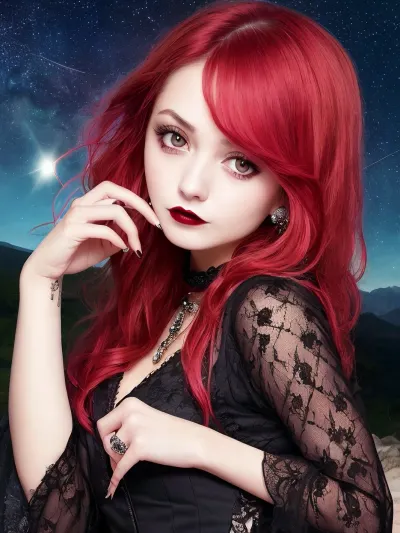 A menina punk gótico com belos olhos e rabo de cavalo ficava na frente do sino do templo, seu cabelo longo soprando no vento. Ela usava um vestido preto com guarnição vermelha e brincos que brilhavam no luar. Seus lábios foram pintados