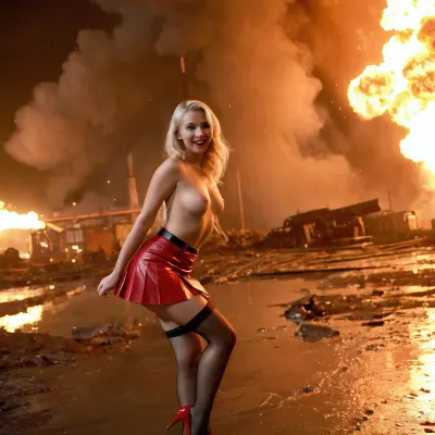 A loira sexy na imagem estava usando uma mini-saia de couro vermelho curto plissado, suspensórios e meias de rede de peixe. Ela teve grandes explosões saindo na refinaria e estava sorrindo sedutoramente com seu corpo sem topo