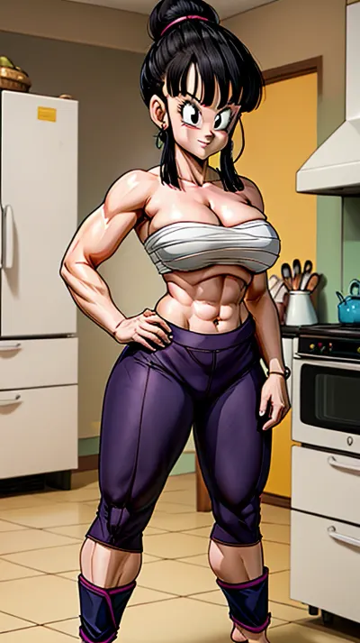 그녀의 눈과 가득 차있는 몸에 붕대를 가진 중간 벌거 벗은 여자는, 단 하나 머리 bun, 요가 바지를 착용하고, 구경꾼에 smirking. 그녀 이다 서 에 앞 의 부엌 카운터 와 sidelock bangs