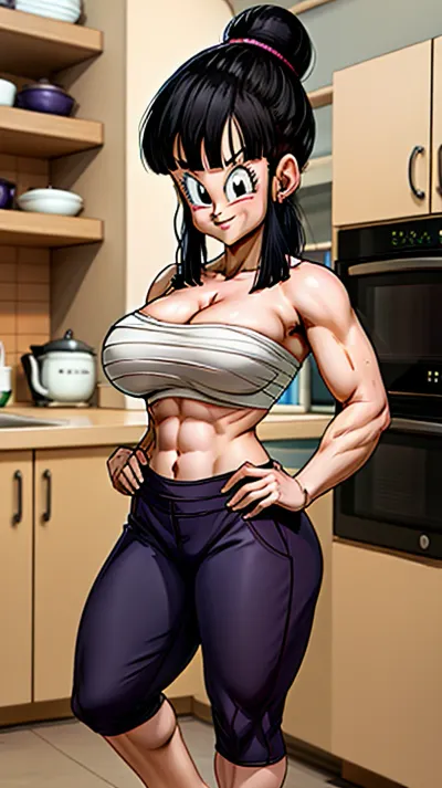 一个眼睛完美,身体完整,乳房完美的女人 穿着瑜伽裤 带着微笑看着观众 她的臀部和胸口有绷带 显示她的肌肉腹部。 她的头发被拉回一个发包里