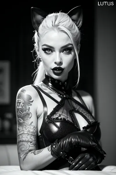 A mulher na imagem é um fetiche moderno, com traje clássico com elementos de fetiche moderno. Ela tem um penteado pixie, vestido de moda de renda moderna, combinado com estilo de alfaiate clássico da cabeça aos pés. Ela faz..