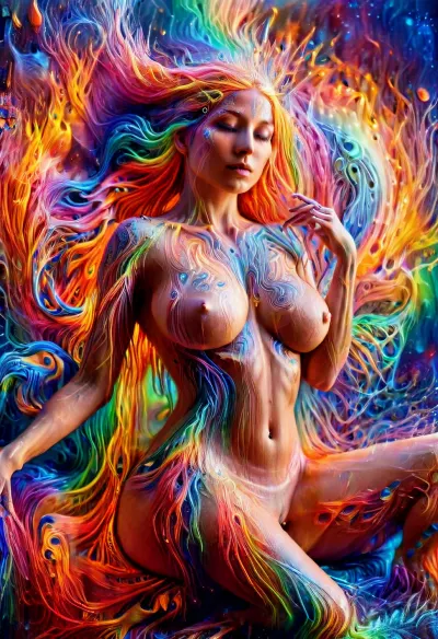 빛나는 문신과 voluptuous 벌거 벗은 몸을 가진 여성은 화려한 실크렌 tendrils로 둘러싸인 심플한 배경에서 묘사됩니다. 그녀는 화가 고 슬픈, 하지만 그녀의 얼굴은 그녀가 무지개 색상으로 자신을 페인트로 미소를 밝혀