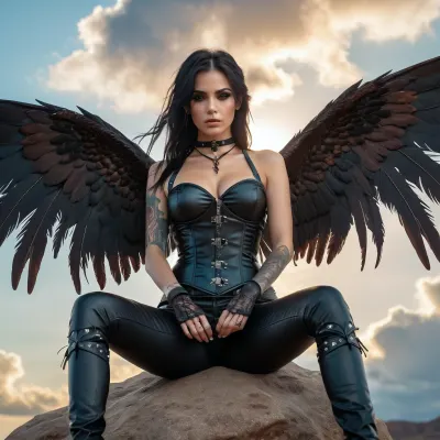 Luis Royos AI-generiertes Foto realistisches Meisterwerk zeigt einen Teufel mit ultra-detailierten Tattoos und einem langweiligen Look. Der Teufel trägt schwarzes Leder, hat gotische Tattoos und hat kurze Haare. Das Foto ist sehr detailliert und fängt an