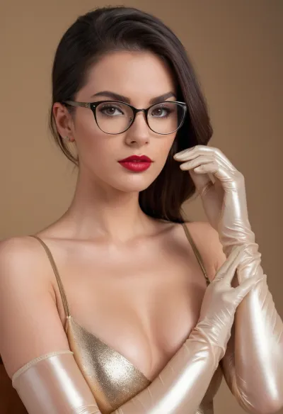 full view, shameless, 1girl, (slim body, POV, Ultra detailed clothing), realistic, Sexy beautiful young woman, (((transparent glasses with thin metal frames))), tall skinny, (((translucent shiny varnished latex beige gloves to the elbow))), Raw photo, 8k uhd, high quality, high resolution, ultra-detailed, professional photography, tall face, dimples, very black hair, extra detail, high facial detail, ultra eye detail, ultra hair detail, shiny well-groomed hair, neat breasts, Ultra-realistic skin, narrow waist, lipstick pale beige gloss, (detailed eyes:1.3), ((looking at viewer:1.4)), ultra finger detailing, white ebony skin, red lips