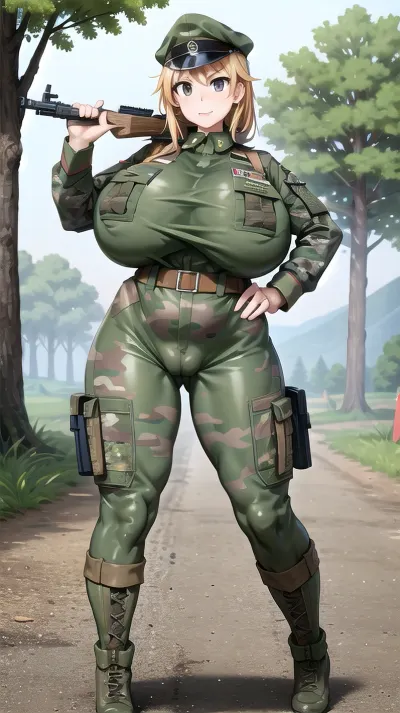 那个长得漂亮、胸大的女人 站在我面前,穿着迷彩服 她肩上挂着一把步枪,站在森林前。 我忍不住盯着她的完美