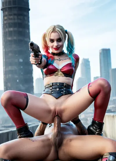 Harley Quinn坐在一个男人的腿上,穿着紧身的皮衣和微笑. 她手里拿着一把手枪,正用枪指着那个男人的喉咙. 然后她扣动了扳机 导致他痛苦地尖叫