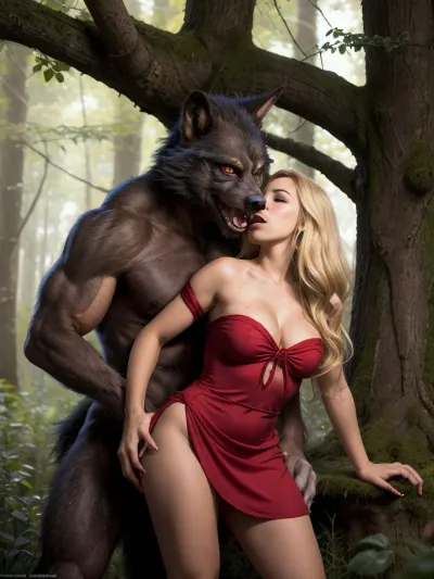 1girl, werewolf with a dick, forest, couple, red riding hood, blonde hair, dress, size difference, masterpiece, best quality, highly detailed, <lora:werewolf_v0.2:1>, <lora:DDhjk_v2:.5>