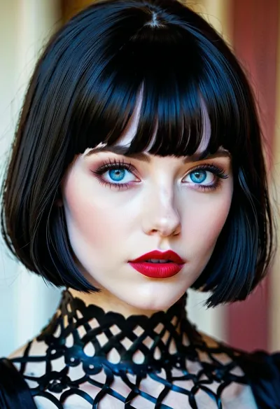 pretty goth girl, black bobcut with bangs, blue eyes, red lipstick, pale skin