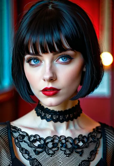 The pretty goth girl with short black bobcut, blue eyes, and red lipstick sat at her desk in the dimly lit room. She was typing away on her laptop, surrounded by stacks of papers and books. Suddenly, she heard a