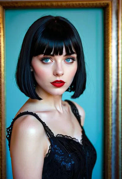 漂亮的哥特女孩 短黑色的波比克,蓝色的眼睛, 和红色的口红 在互联网上浏览, 当她跌倒 在一个漂亮女孩的照片 短黑色的头发, 苍白的皮肤, 和爆炸。 她惊讶地看到