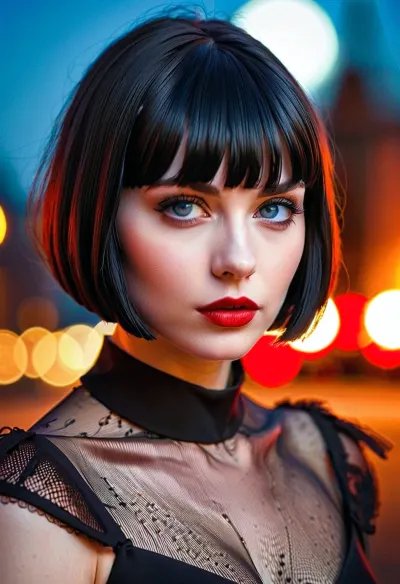 Kısa siyah bobcut ile güzel goth kızı, soe derisi ve kırmızı ruj bir billboard'da kendini resmi gördüğünde sokakta yürüyordu. İnanamadı - gerçek hayatta çok farklı görünüyordu!