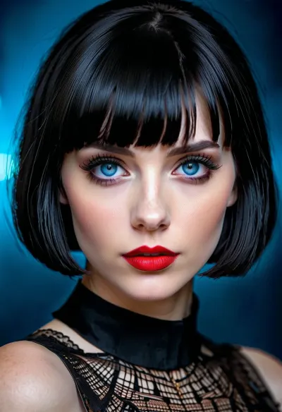 漂亮的哥特女孩 黑色短发, 苍白的皮肤, 和红色的口红坐在她的桌子 在她的黑暗的房间。 当她听到敲门声时 她正在用笔记本打字 她抬头看一个