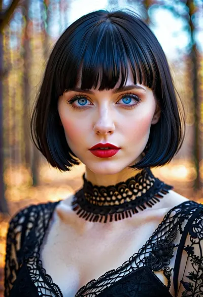 漂亮的哥特女孩 黑色短发, 苍白的皮肤, 和红色的口红坐在她的桌子, 盯着她的电脑屏幕。 她深思熟虑 她正在研究的一个新项目 突然,她听到敲门声