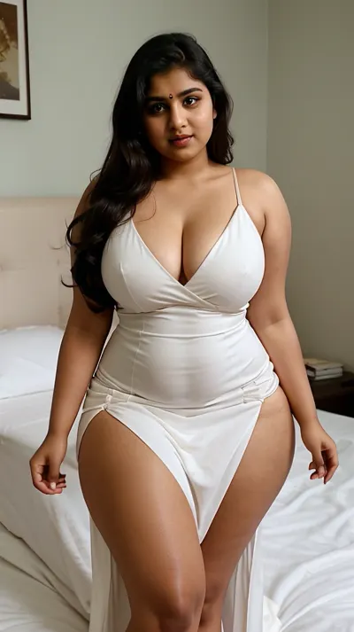 The woman in the photo is sitting on her bed, wearing a tight dress and facing the camera. She has thick legs, broad shoulders, and thick arms. Her chubby face is framed by long hair that falls down her back
