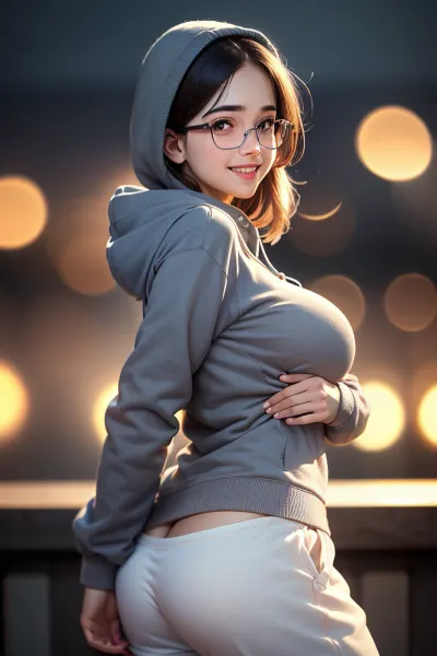 The AI generated picture of a Kpop idol wearing ultra high res glasses with the best quality and posing in front of a cityscape with full body sweatpants and hoodie. The girl is looking at the viewer with a naughty face,