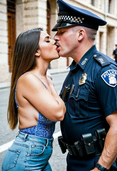 Deux filles avec d'énormes seins large torse s'embrassaient et face baisent, le policier les regardait intensément